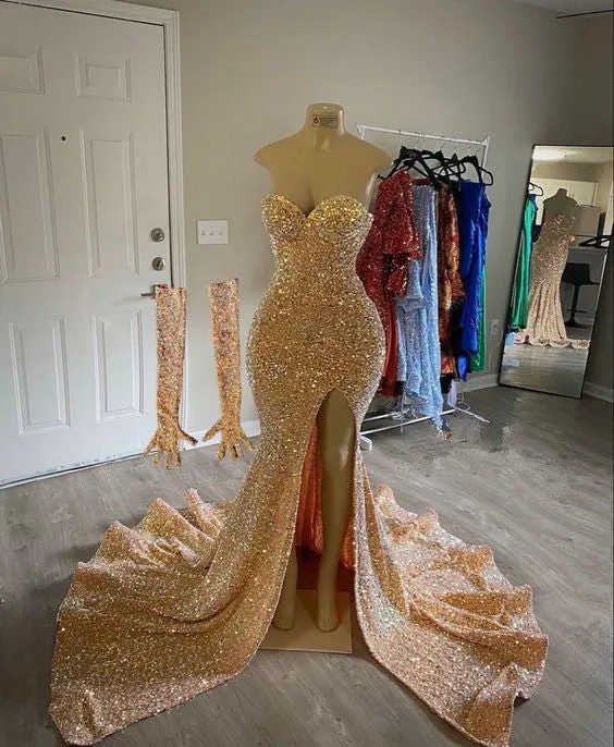 Sexy Mermaid Prom Dress Sequins Long Black Girl Formal Gowns with Sleeves       fg5205