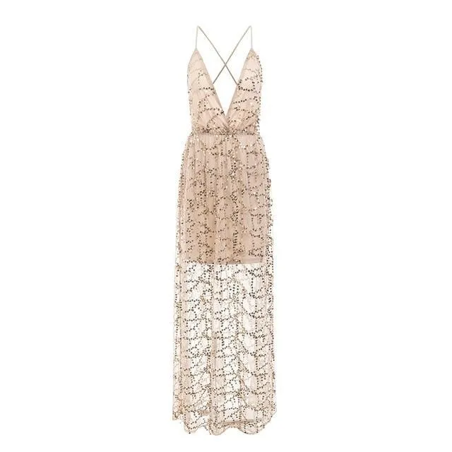 Sexy Sequin Lace Mesh Long Backless Party Dress