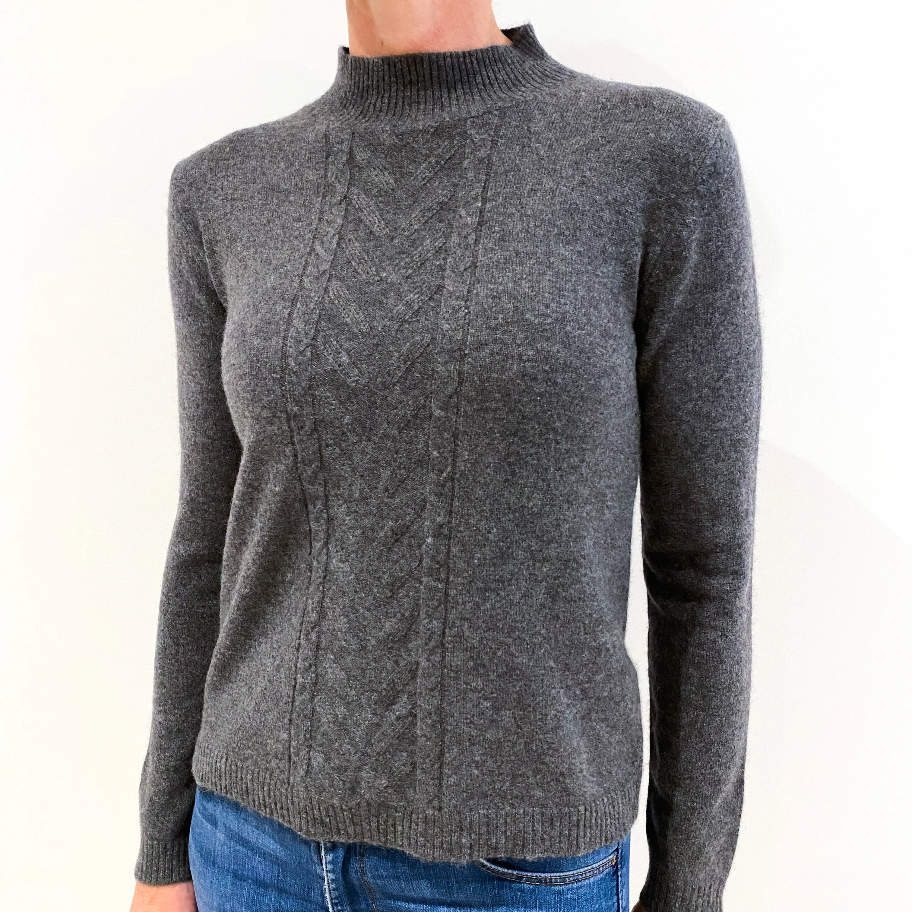 Slate Grey Cable Detail Cashmere Polo Neck Jumper Small