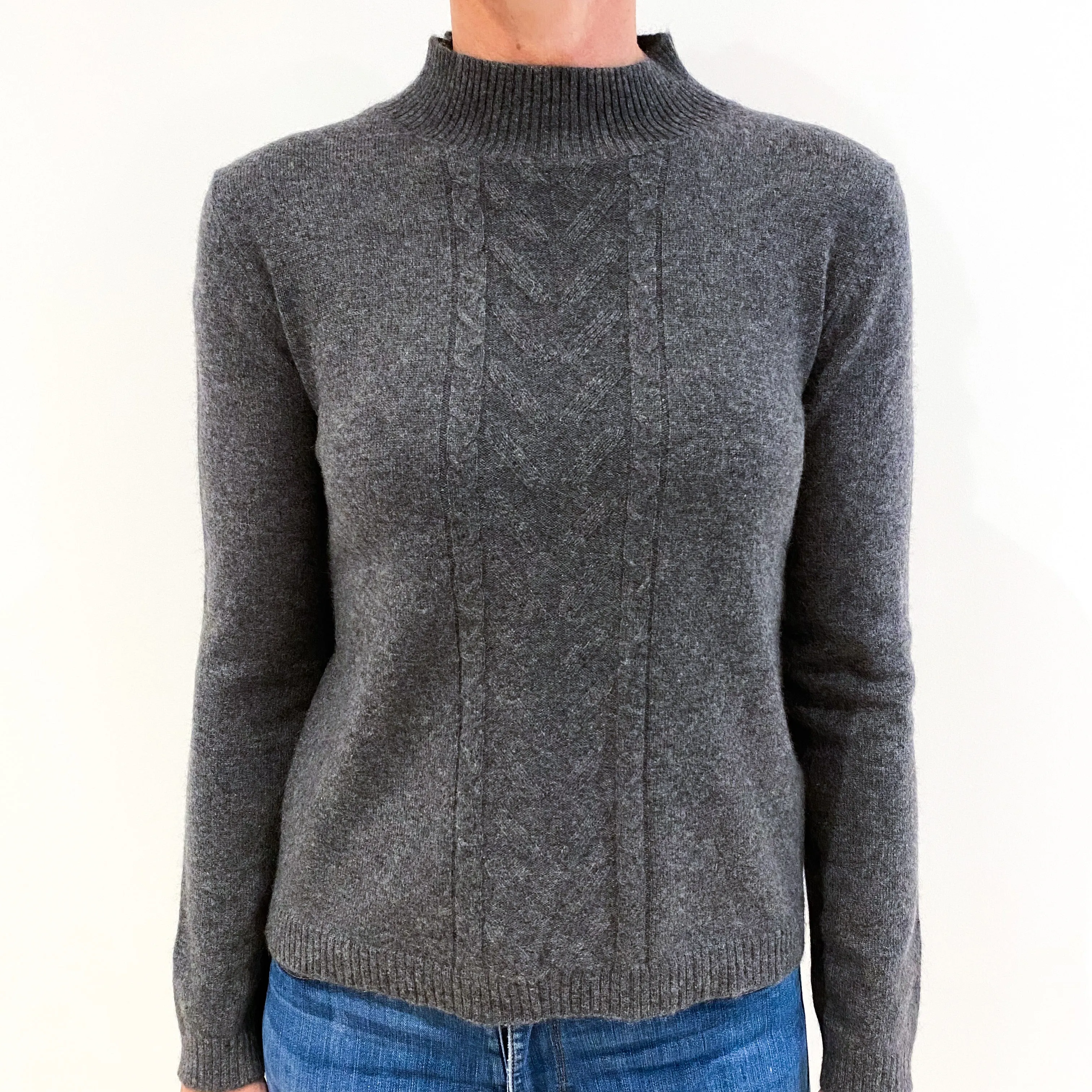 Slate Grey Cable Detail Cashmere Polo Neck Jumper Small