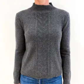 Slate Grey Cable Detail Cashmere Polo Neck Jumper Small