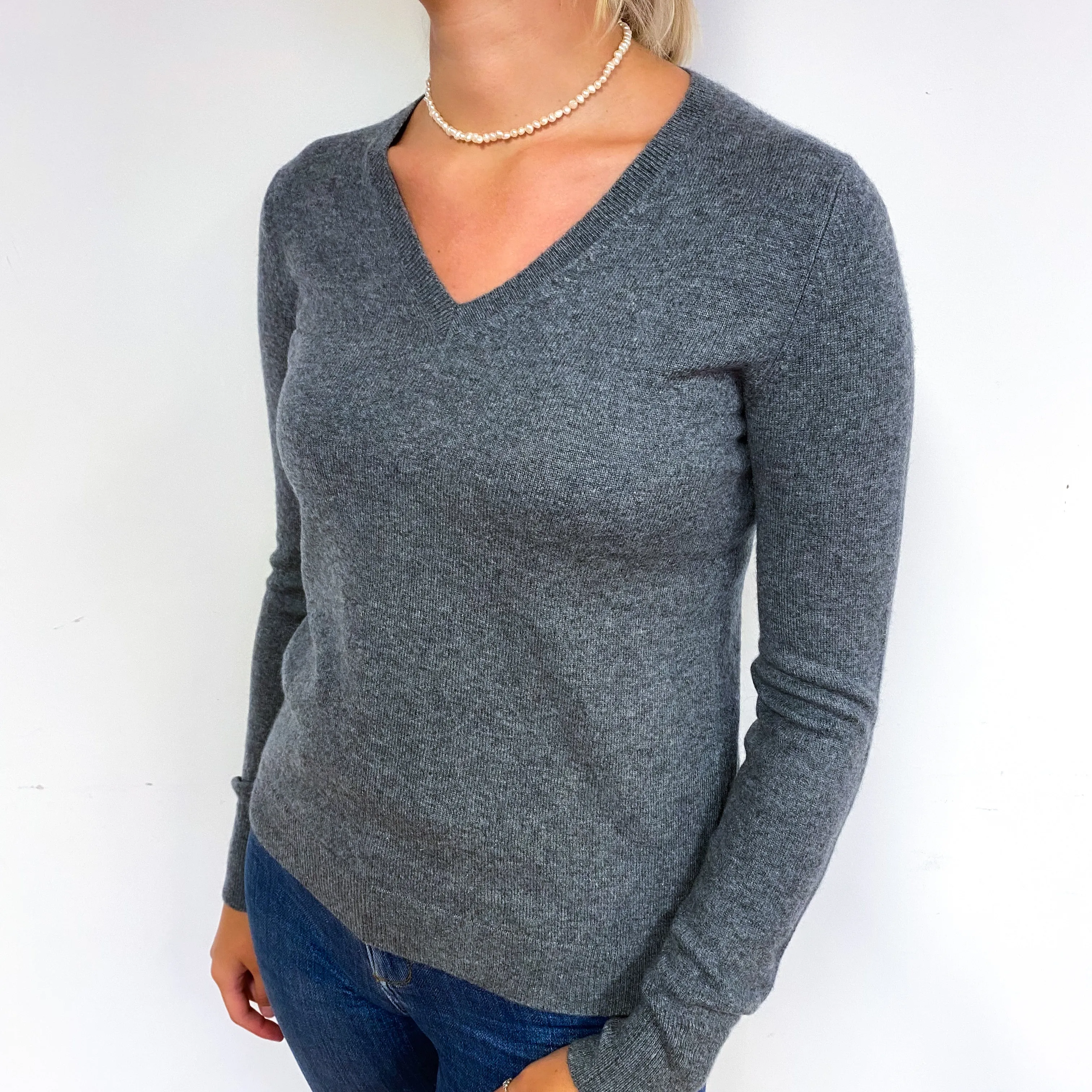 Slate Grey Cashmere V-Neck Jumper Small