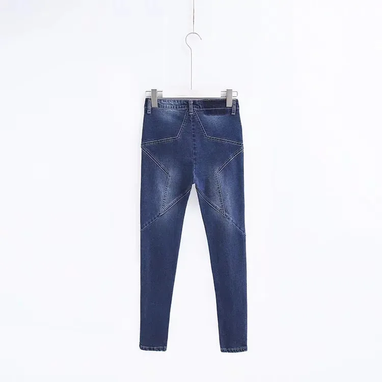 Star Pattern Patchwork High Waist 9/10 Jeans Denim Pants