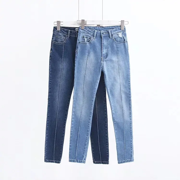 Star Pattern Patchwork High Waist 9/10 Jeans Denim Pants