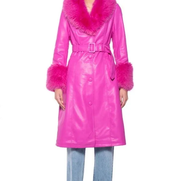 Stasia Land: Faux Fur Pink Vegan Leather Coat L