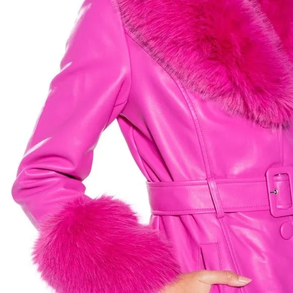 Stasia Land: Faux Fur Pink Vegan Leather Coat L