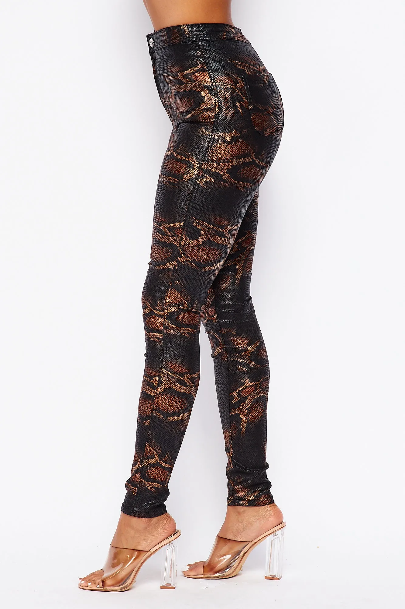 Super High Waisted Stretchy Leather Snake Print Jeans
