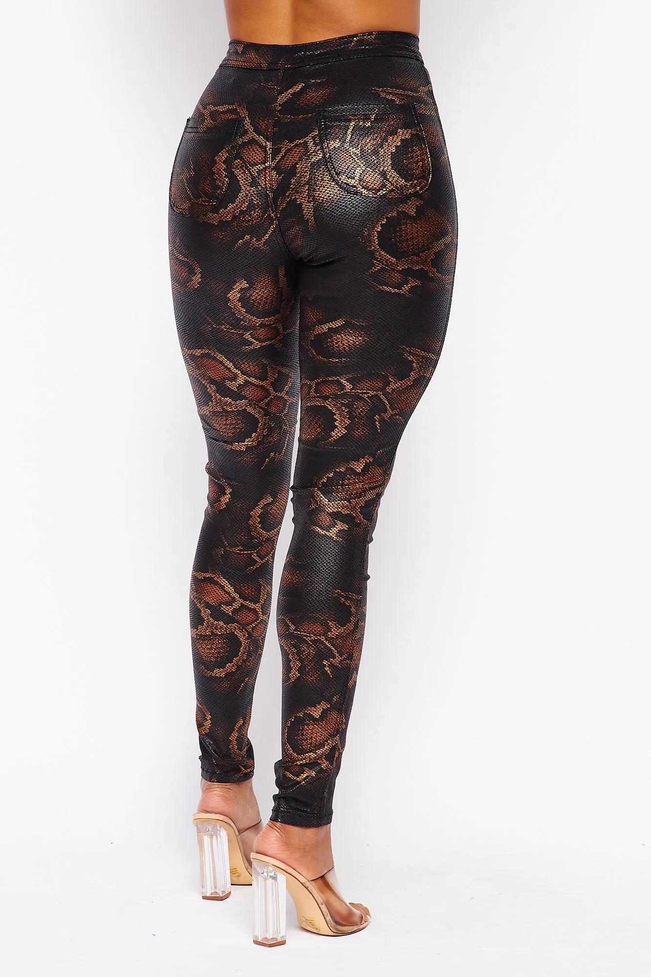 Super High Waisted Stretchy Leather Snake Print Jeans