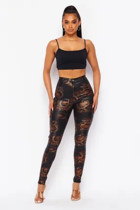 Super High Waisted Stretchy Leather Snake Print Jeans