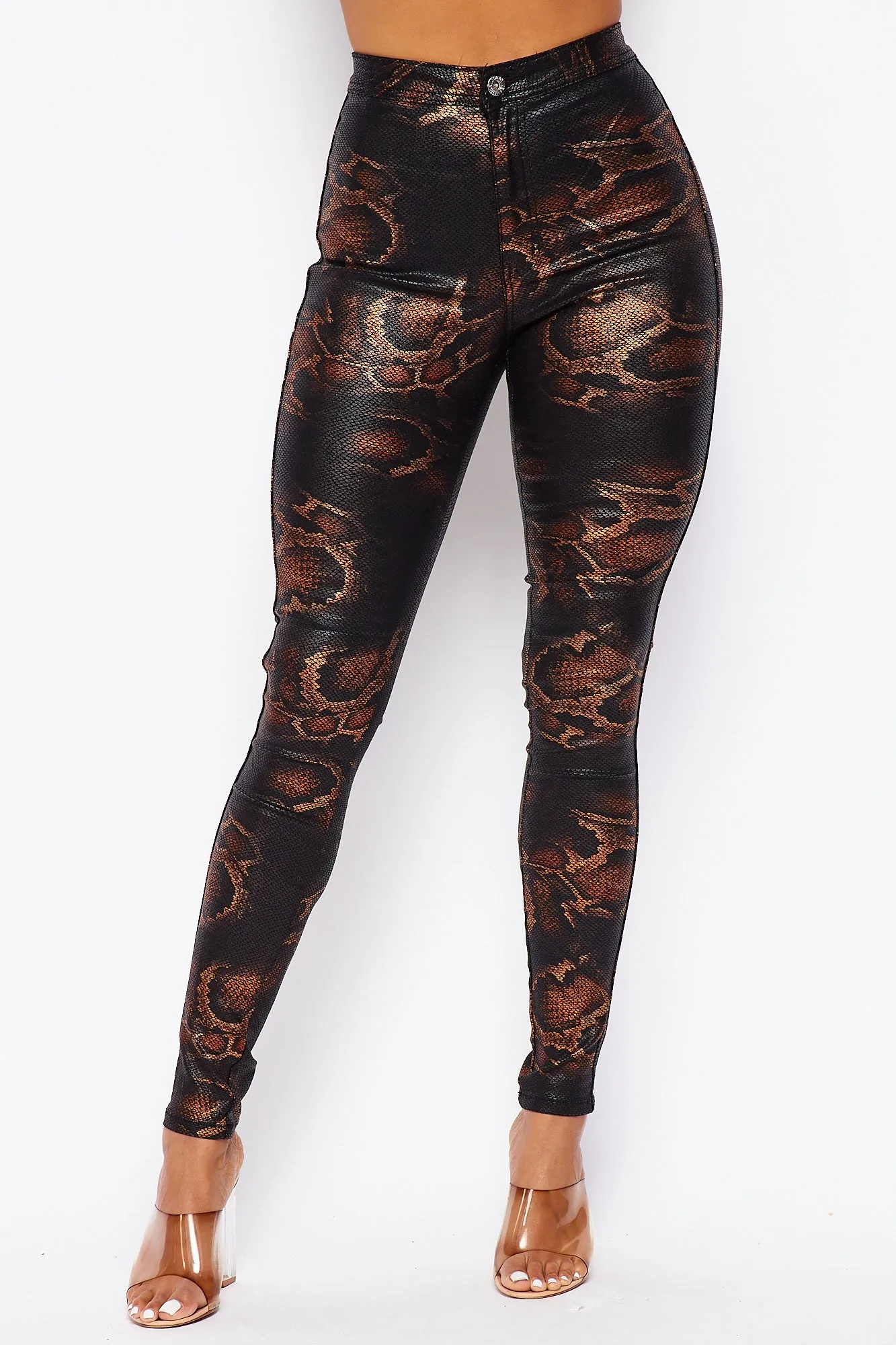 Super High Waisted Stretchy Leather Snake Print Jeans