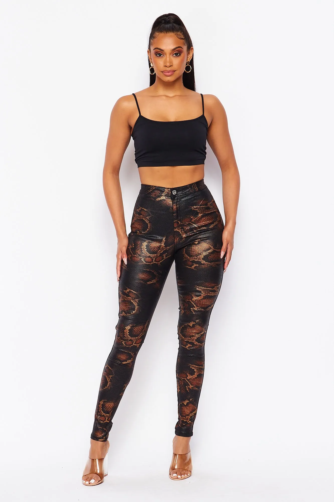 Super High Waisted Stretchy Leather Snake Print Jeans
