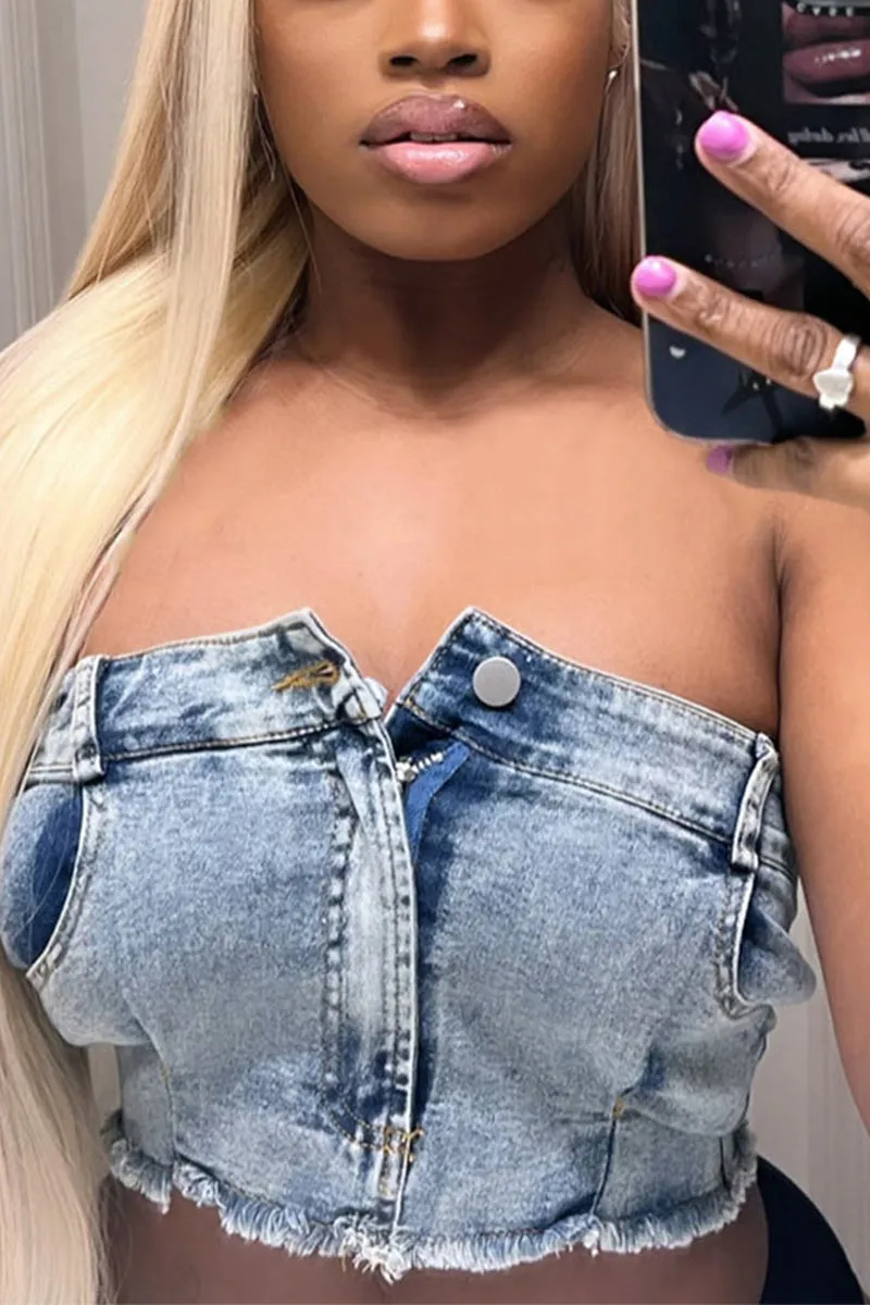 TC916 Denim Strapless Crop Top