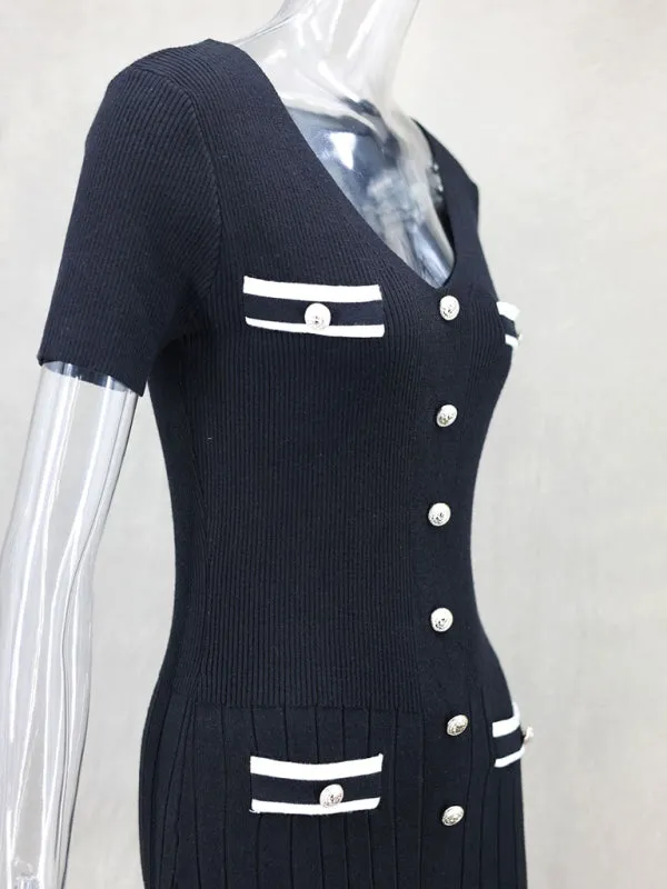 Trendy Fall Ribbed Knit Midi Dress with Button Details