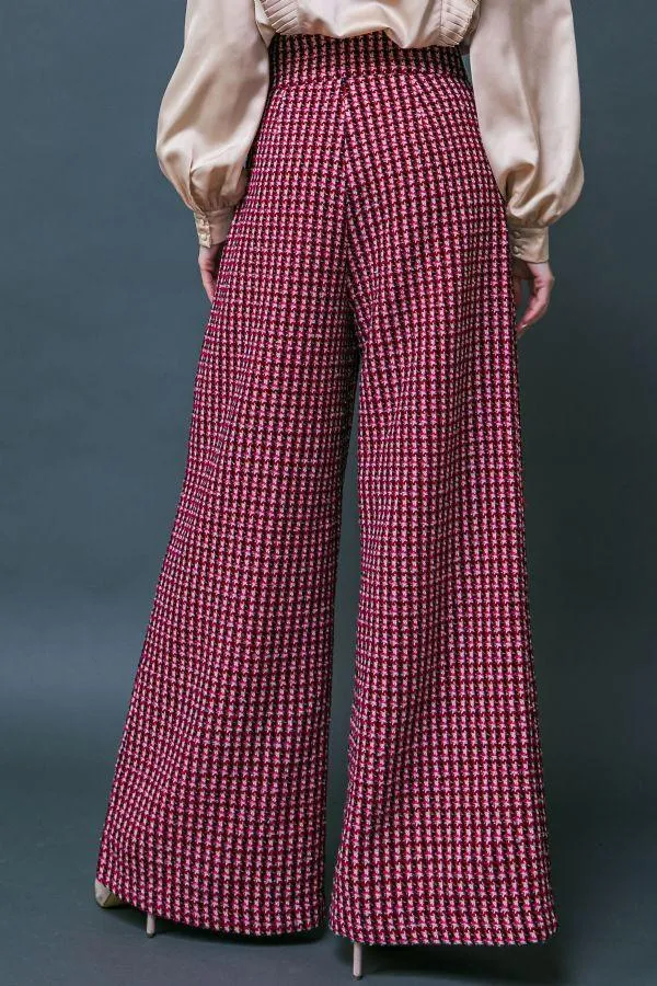 tweed wide leg pearl button plaid pants