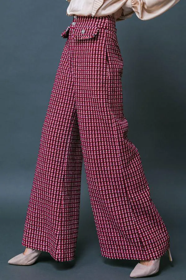 tweed wide leg pearl button plaid pants
