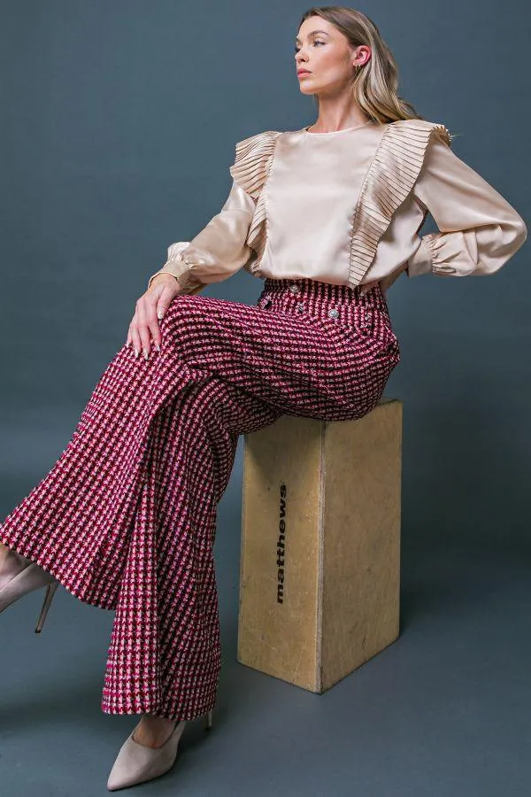 tweed wide leg pearl button plaid pants