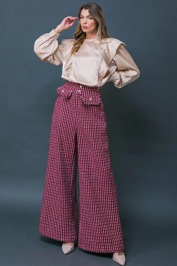 tweed wide leg pearl button plaid pants