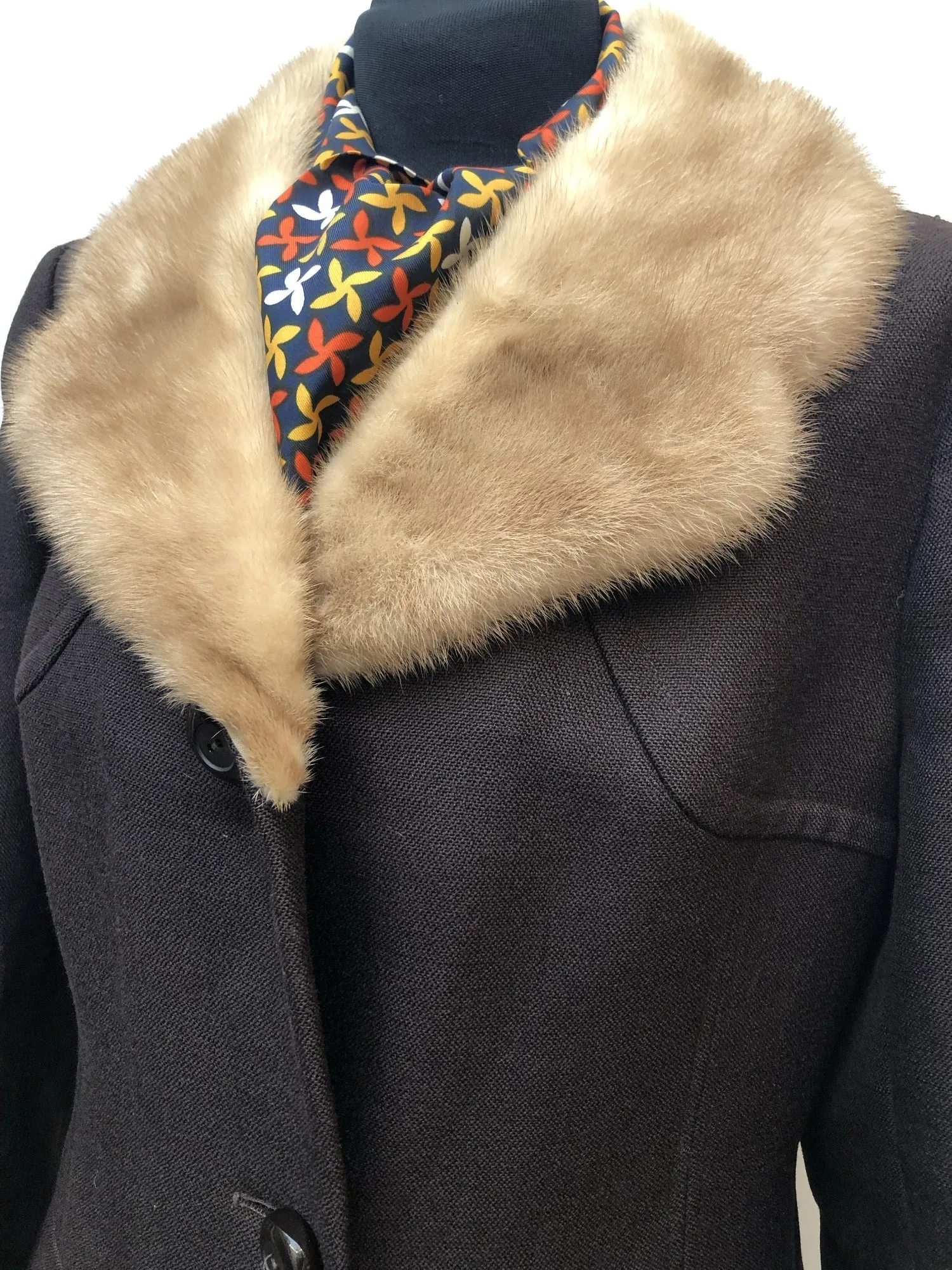 Vintage 1960s Real Fur Collar Coat in Brown - Size UK 12