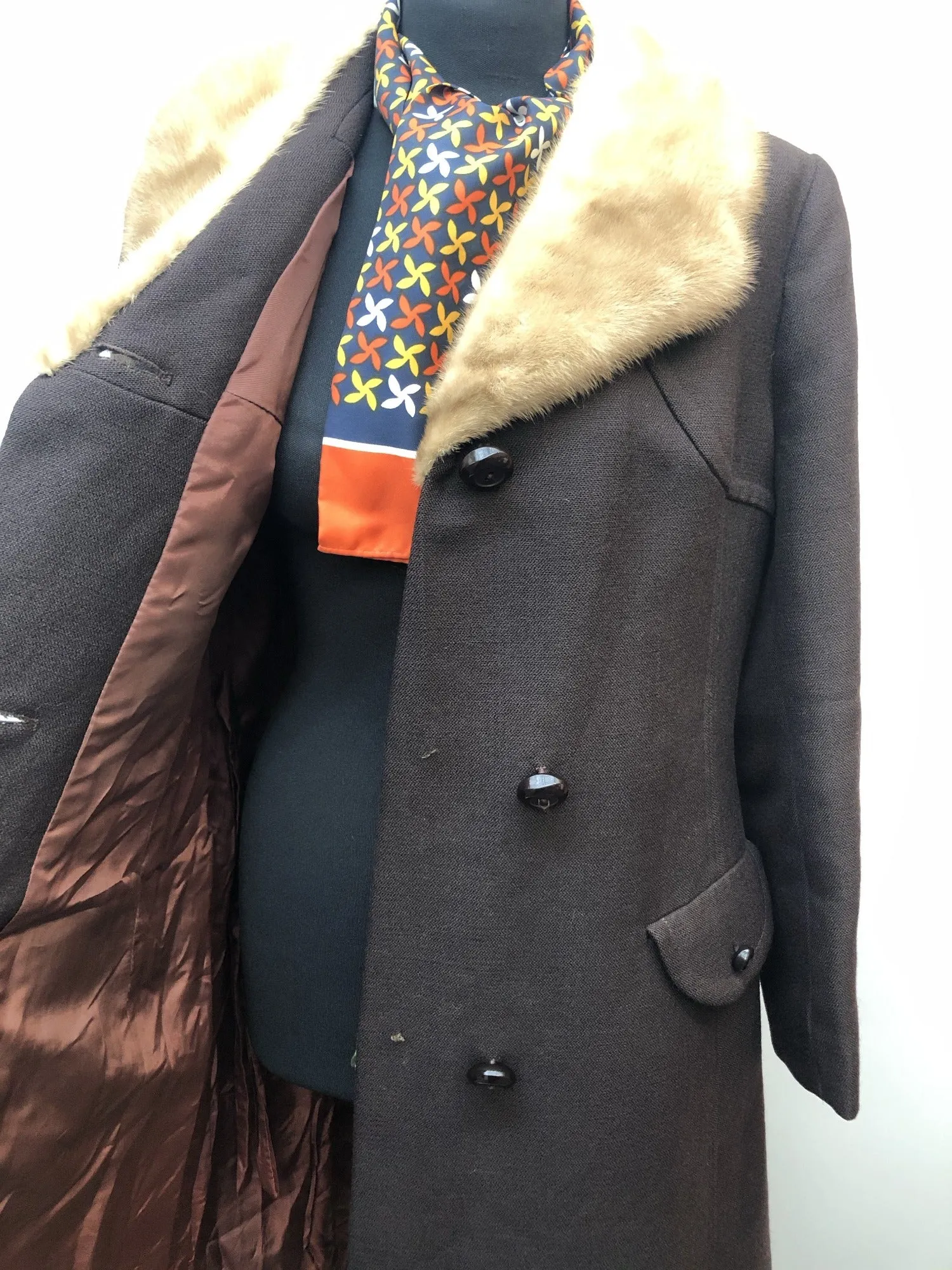 Vintage 1960s Real Fur Collar Coat in Brown - Size UK 12
