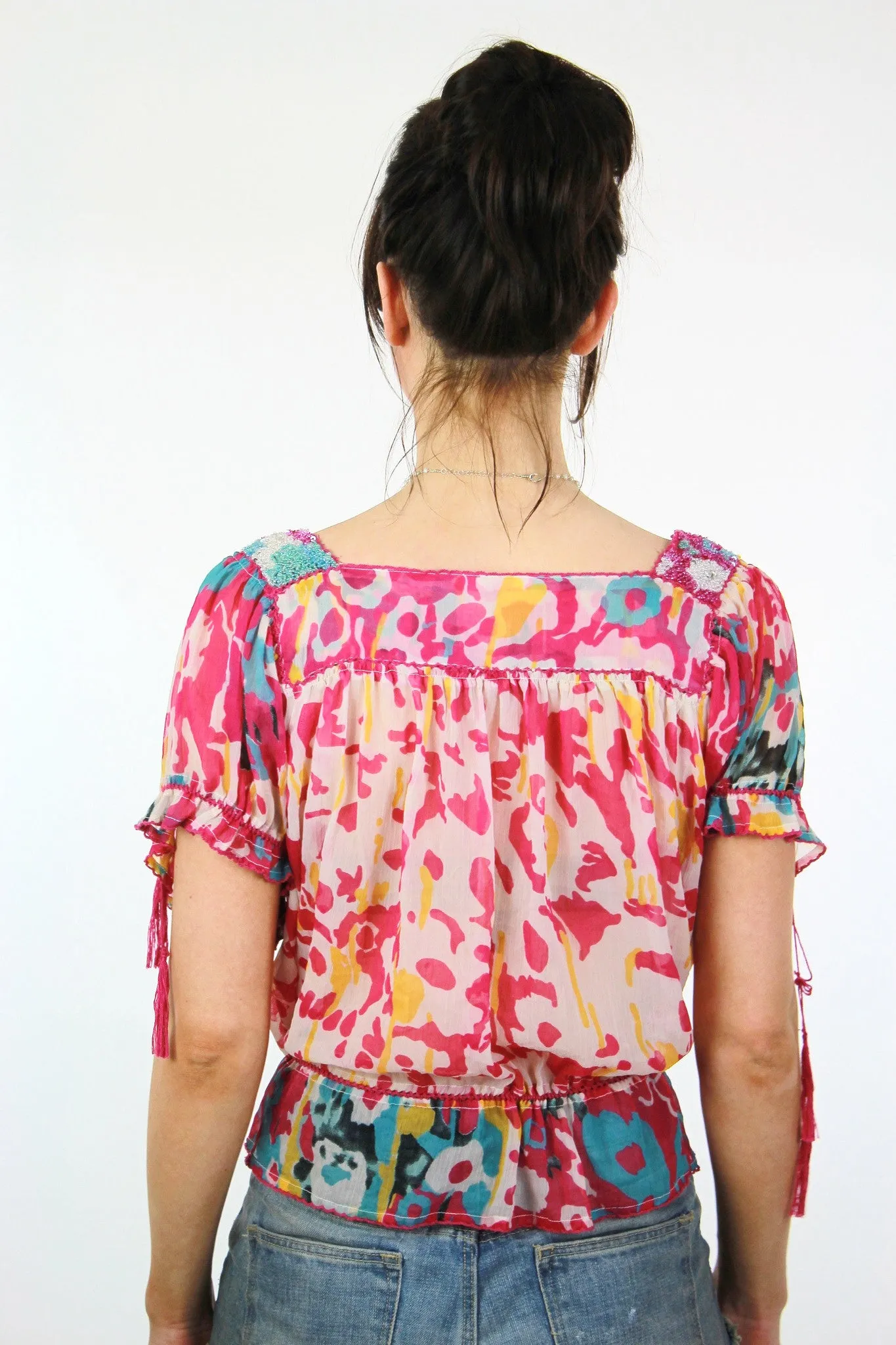 Vintage 90s Hippie Boho sheer beaded drawstrip bohemian tunic top peasant blouse