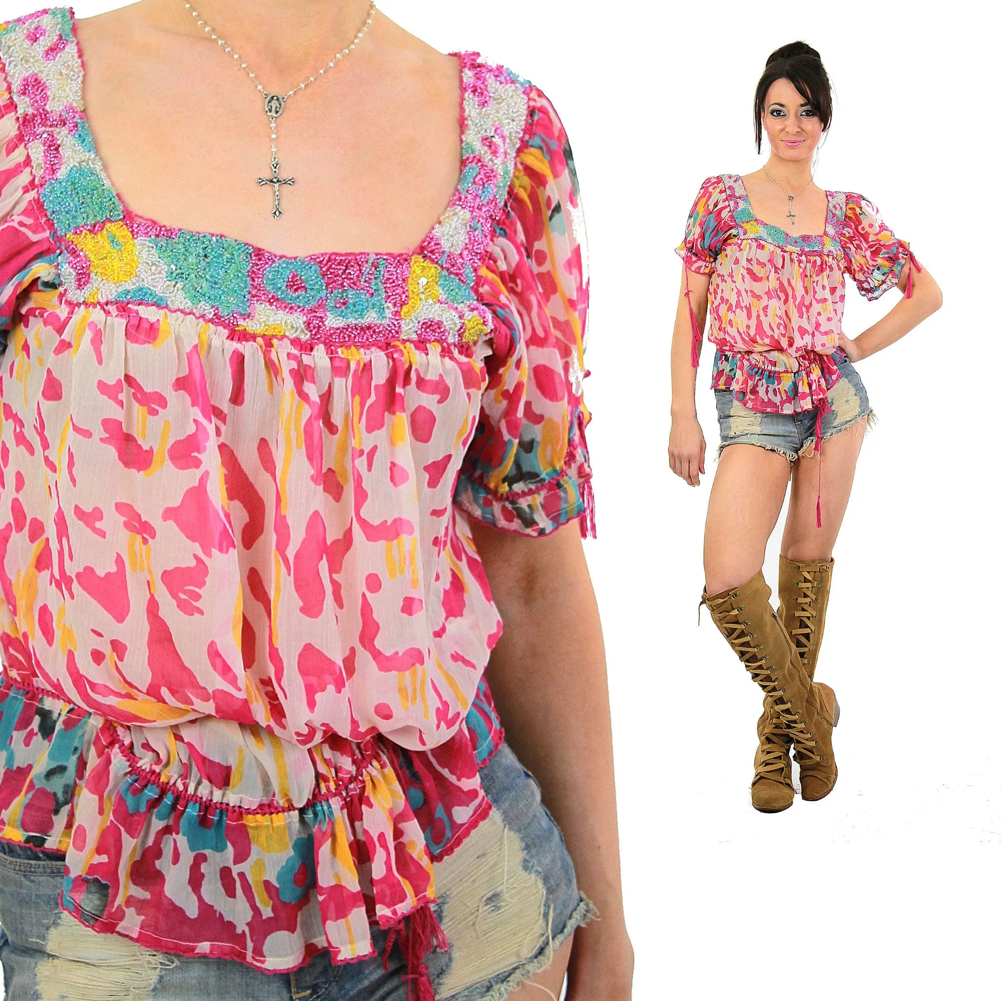 Vintage 90s Hippie Boho sheer beaded drawstrip bohemian tunic top peasant blouse