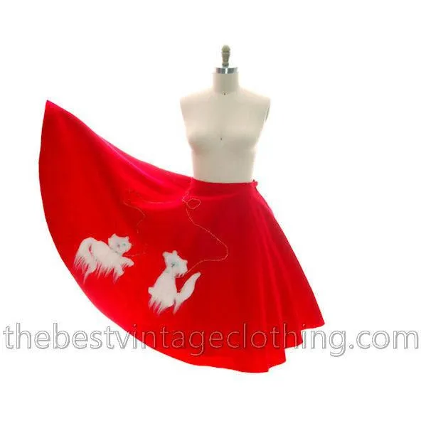 Vintage Circle Skirt Red Felt White Furry Kittens Cats Kitty 1950s Large 32 Waist L