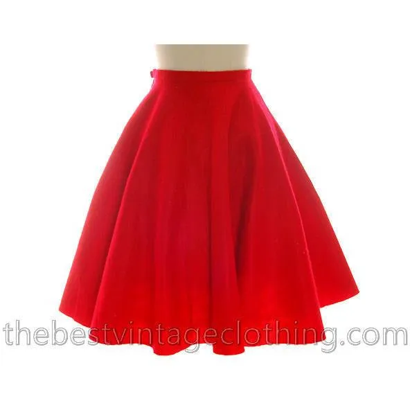 Vintage Circle Skirt Red Felt White Furry Kittens Cats Kitty 1950s Large 32 Waist L