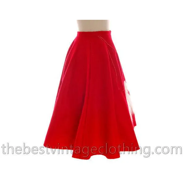 Vintage Circle Skirt Red Felt White Furry Kittens Cats Kitty 1950s Large 32 Waist L