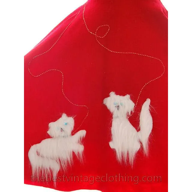Vintage Circle Skirt Red Felt White Furry Kittens Cats Kitty 1950s Large 32 Waist L