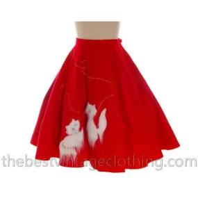 Vintage Circle Skirt Red Felt White Furry Kittens Cats Kitty 1950s Large 32 Waist L