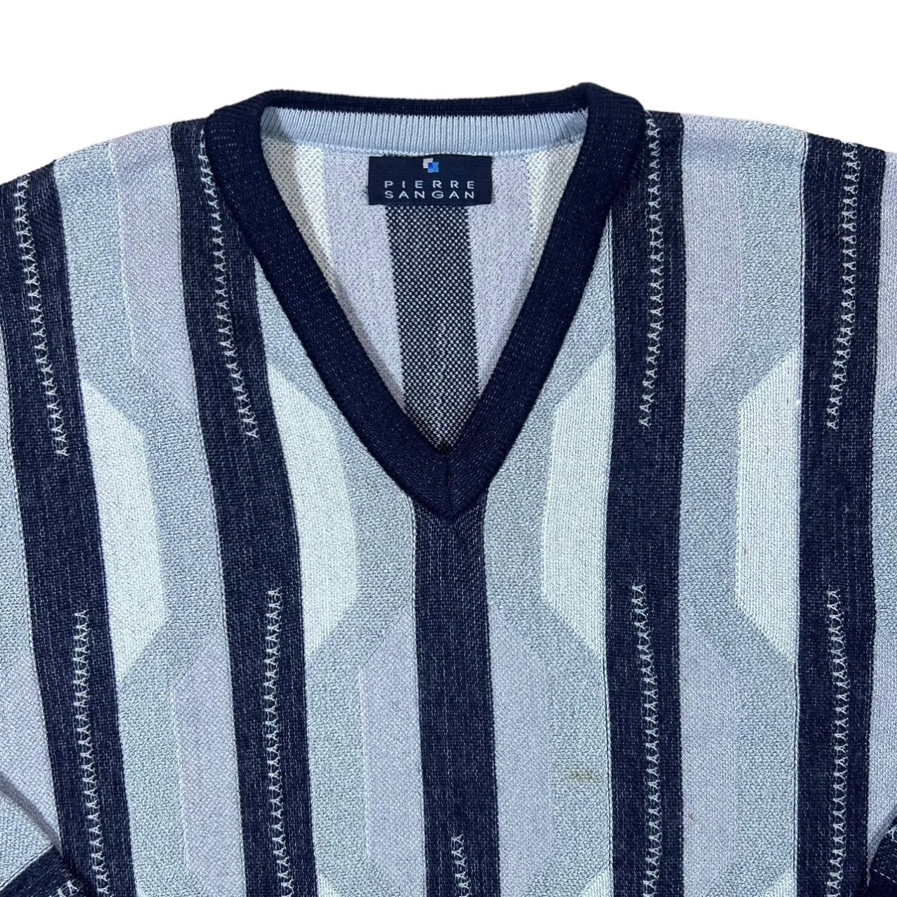 Vintage PIERRE SANGAN Grandad Patterned Acrylic Wool Cotton Blend V-Neck Sweater Jumper
