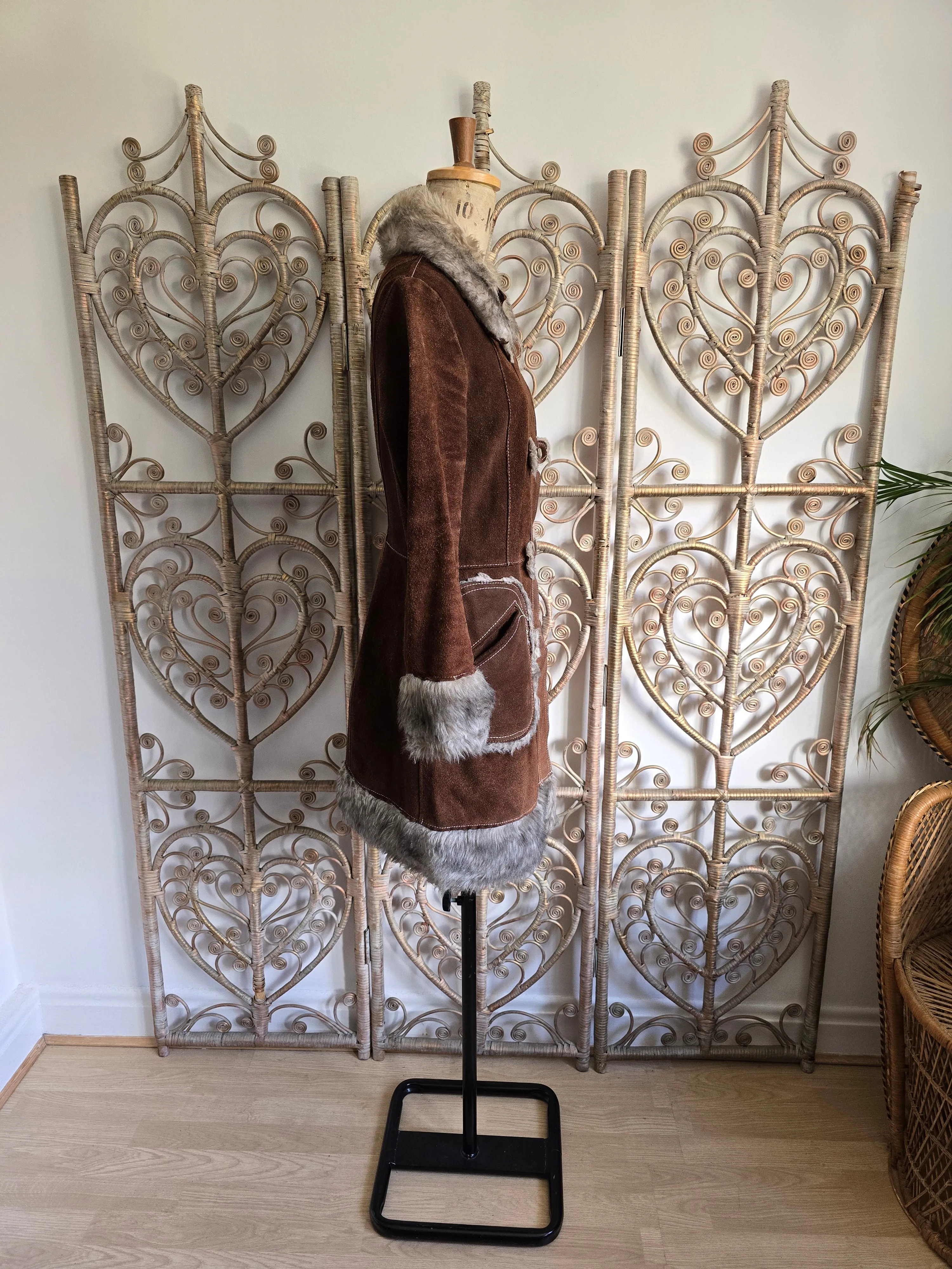 Vintage suede faux fur coat S