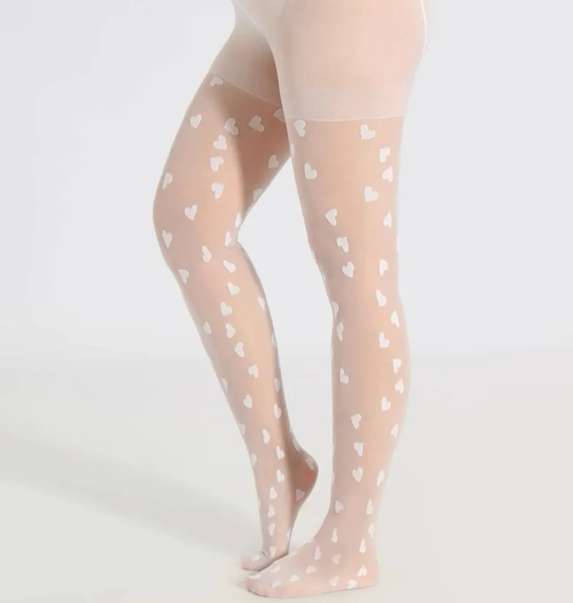 White Plus Size Pantyhose with Pink Hearts