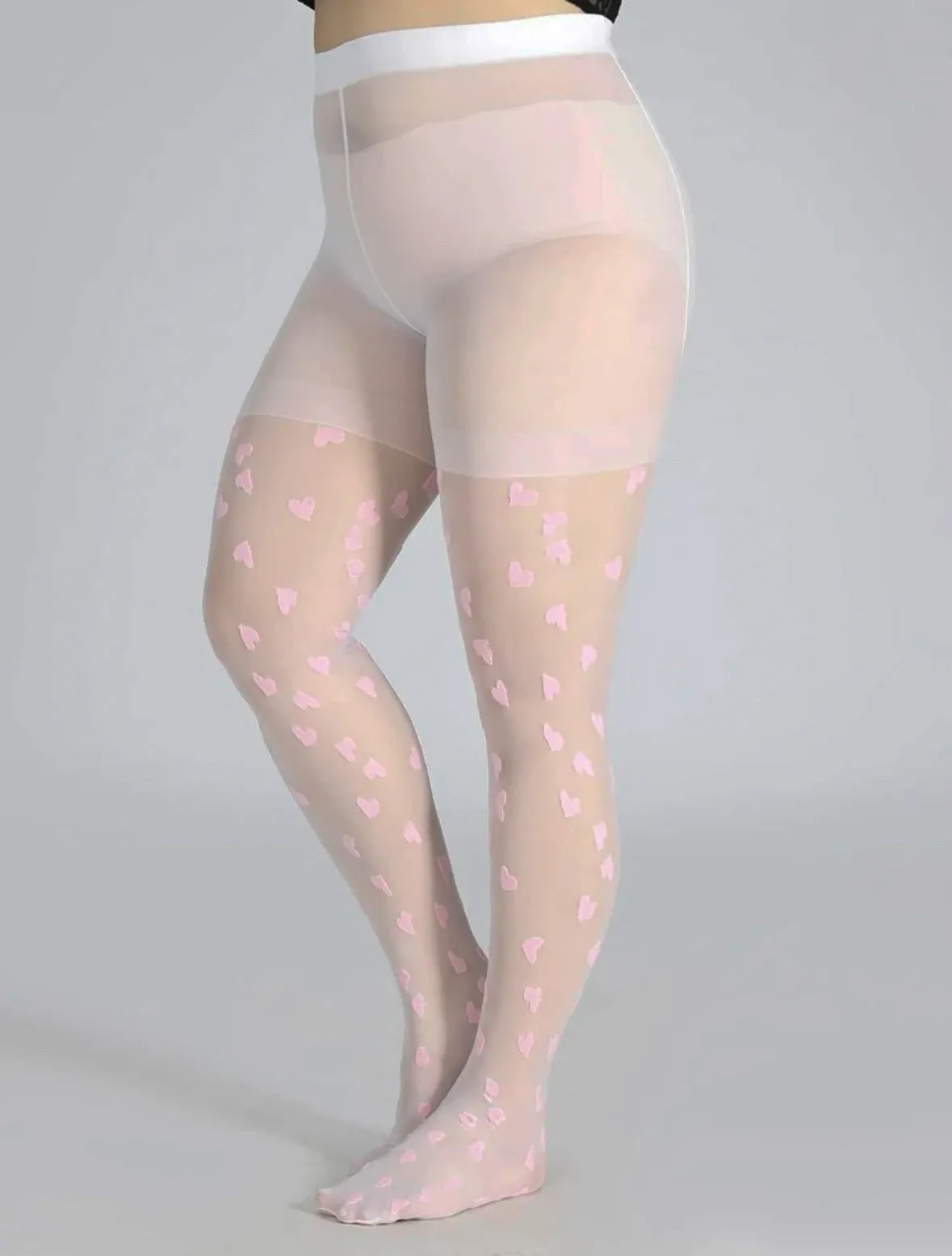 White Plus Size Pantyhose with Pink Hearts