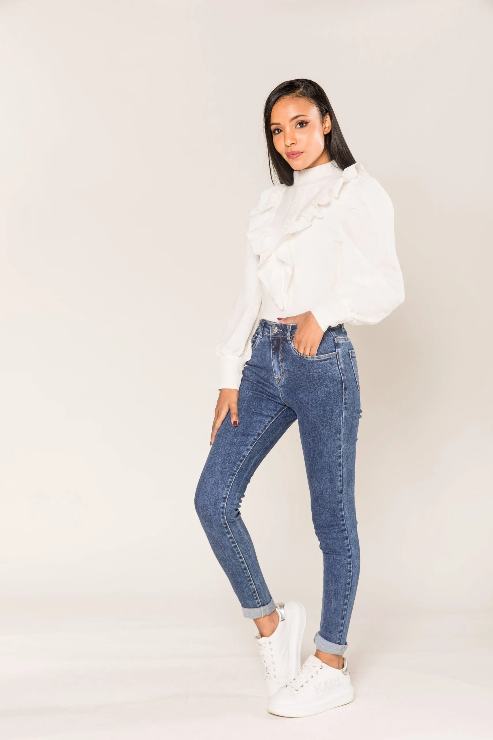 Wholesale Dark Blue Skinny High Waist Jeans with Turn-Up Legs