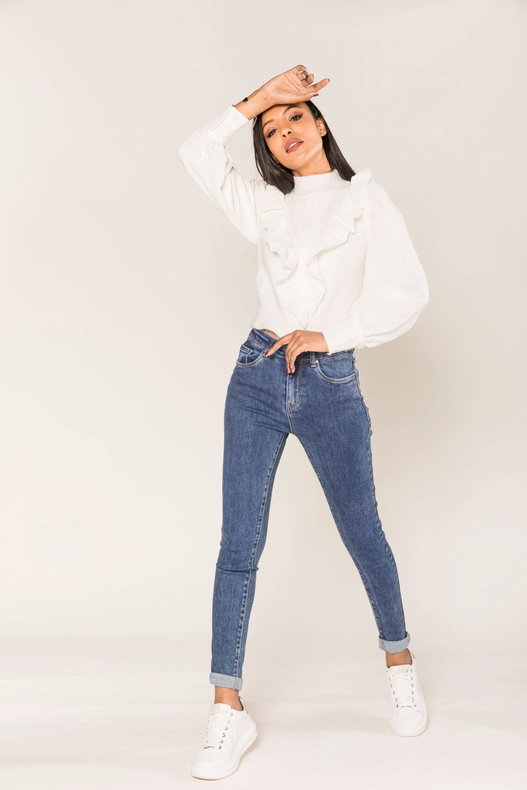 Wholesale Dark Blue Skinny High Waist Jeans with Turn-Up Legs