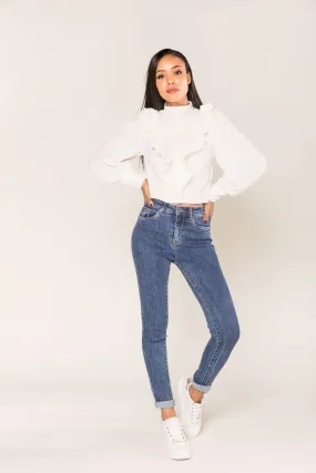 Wholesale Dark Blue Skinny High Waist Jeans with Turn-Up Legs