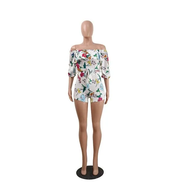Women Jumpsuit Printed Layered Sleeves Belt Jumpsuit