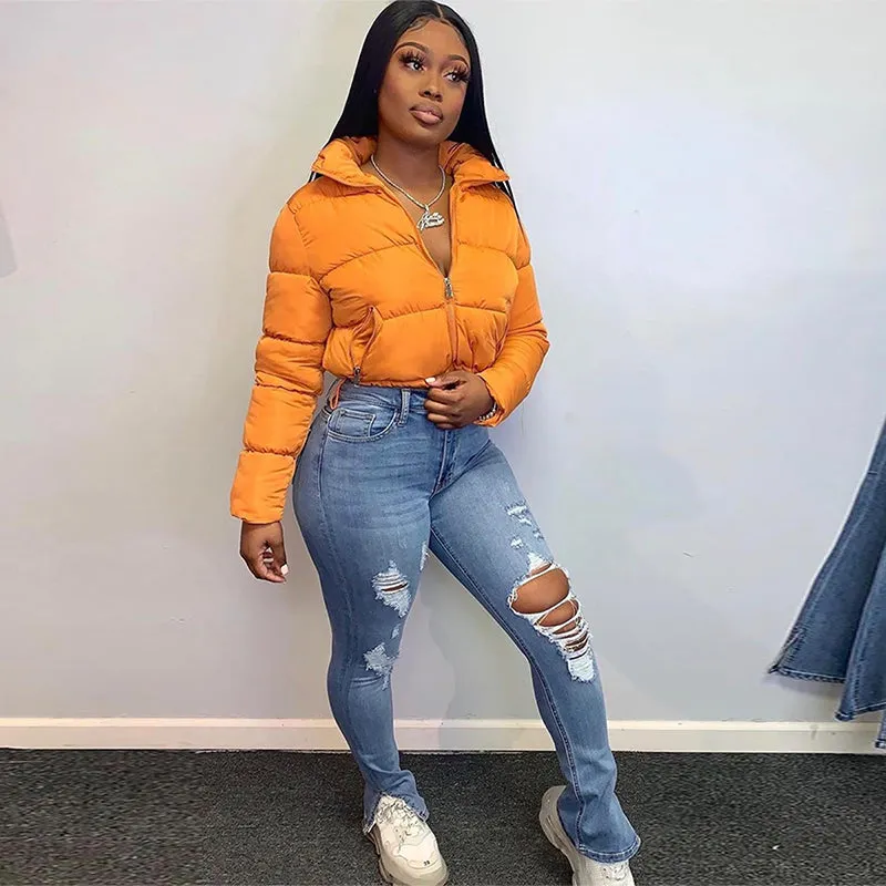 Women Long Sleeve Zip-Up Parkas Warm Cropped Coats