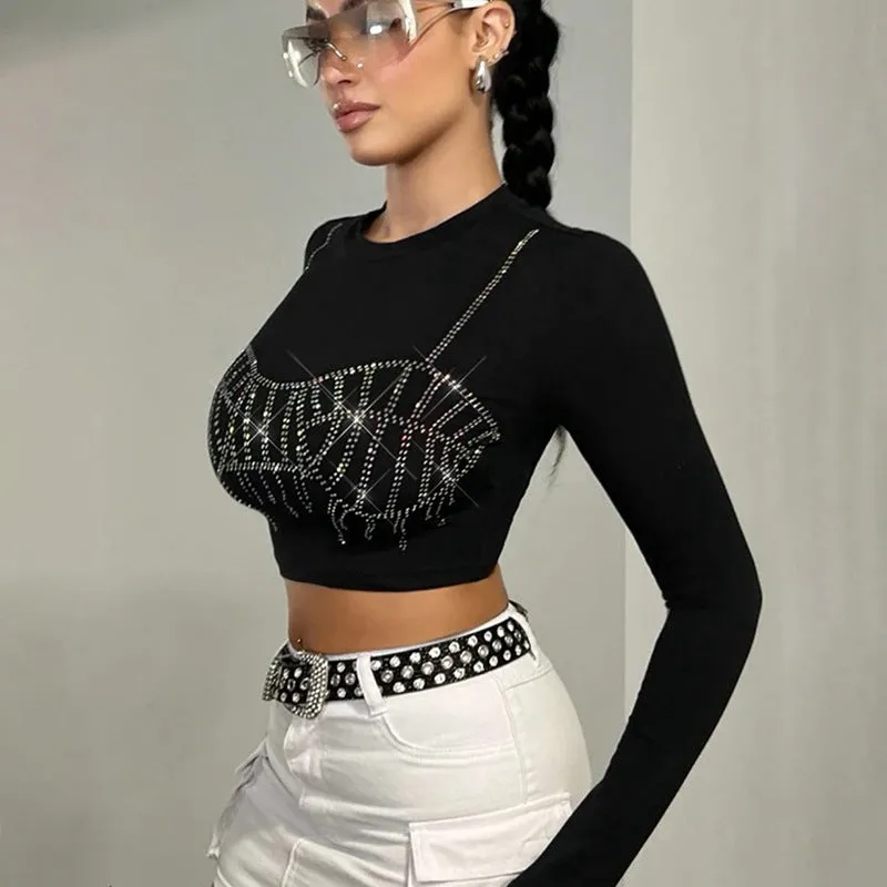 Women's Round Neck Long Sleeve Cropped Rhinestone Printed Top