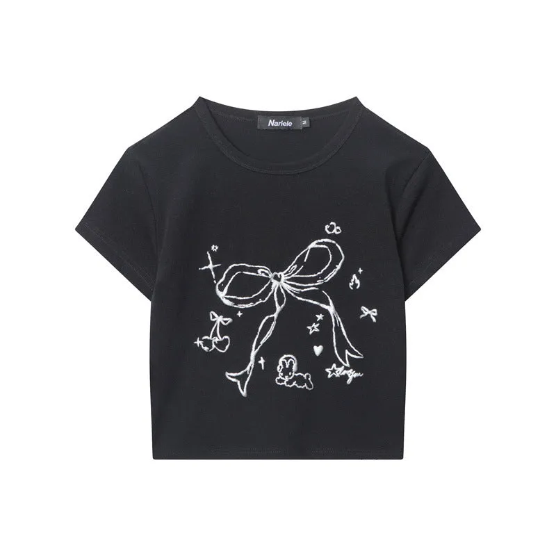 Women's Summer New Slim Fit Bowknot Print Versatile Short Crop Top