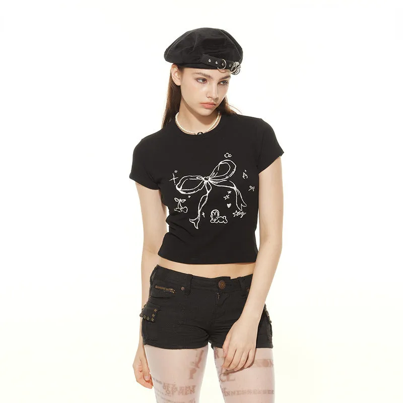 Women's Summer New Slim Fit Bowknot Print Versatile Short Crop Top