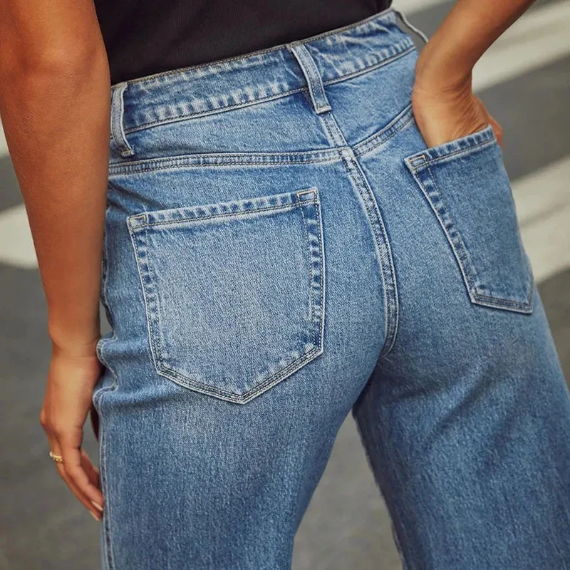 Women's Trendy Cuffed Denim Loose Straight  Leg Jeans High Quality