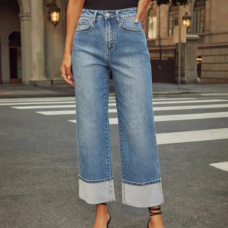 Women's Trendy Cuffed Denim Loose Straight  Leg Jeans High Quality