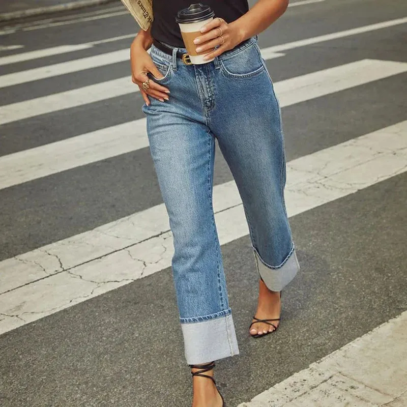 Women's Trendy Cuffed Denim Loose Straight  Leg Jeans High Quality