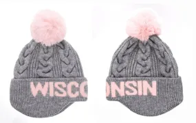 Women's Wisconsin Winter Hat Gray & Pink Cable Knit