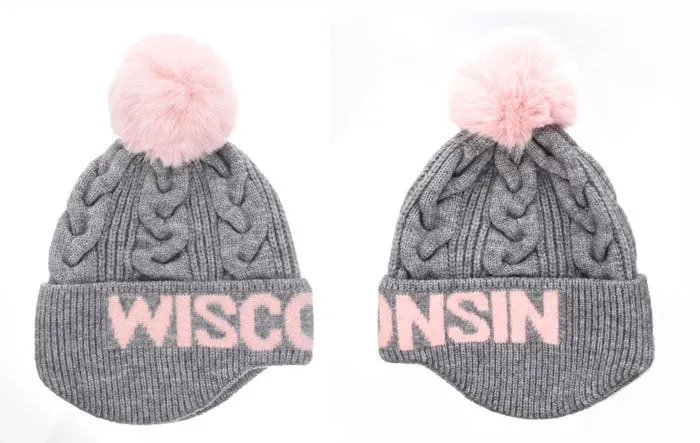 Women's Wisconsin Winter Hat Gray & Pink Cable Knit