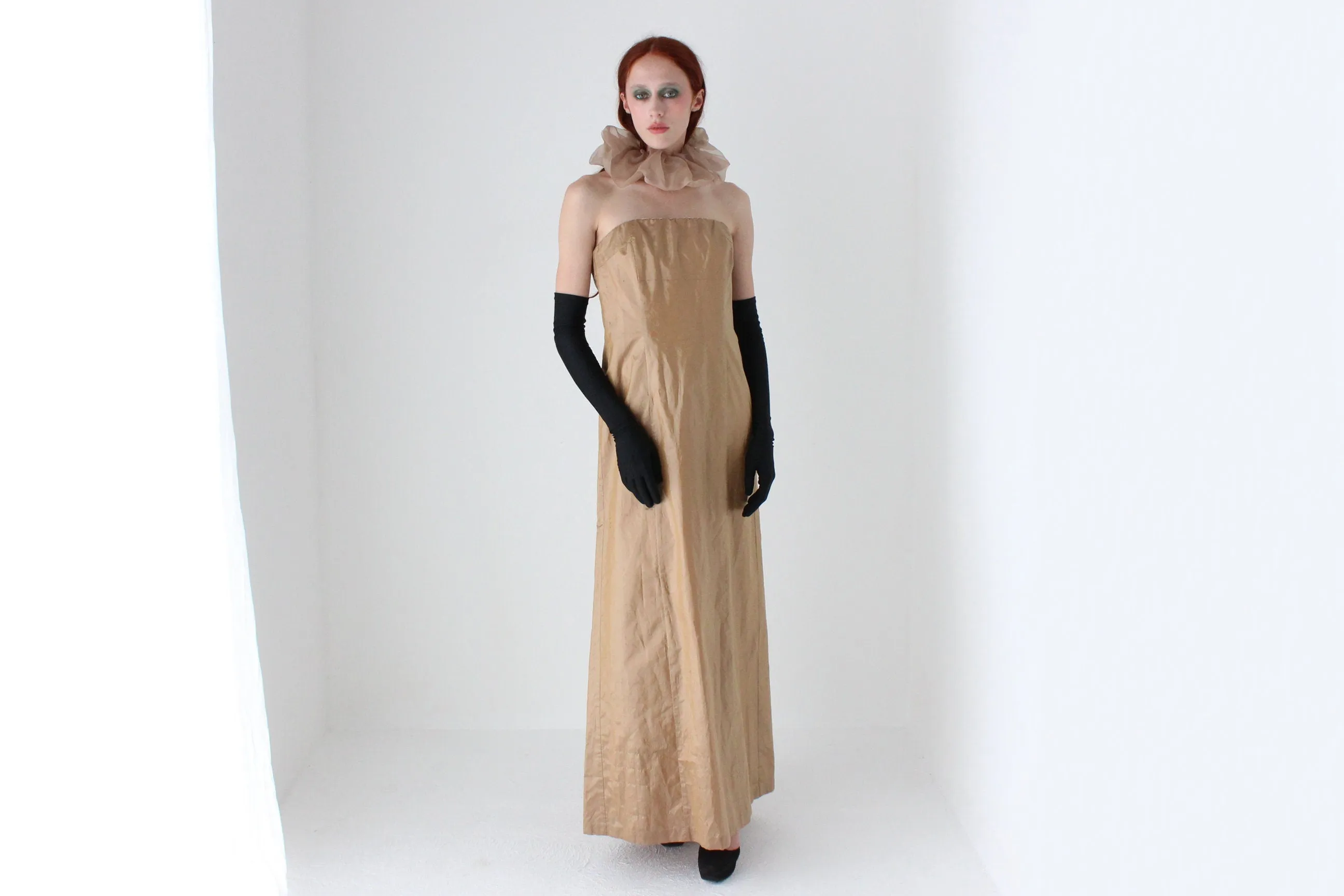 Y2K Lisa Ho Raw Silk Strapless Full Length Gold Formal Gown